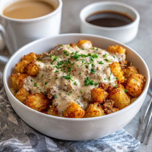 Tater Tot Breakfast Bowl with Sausage Gravy