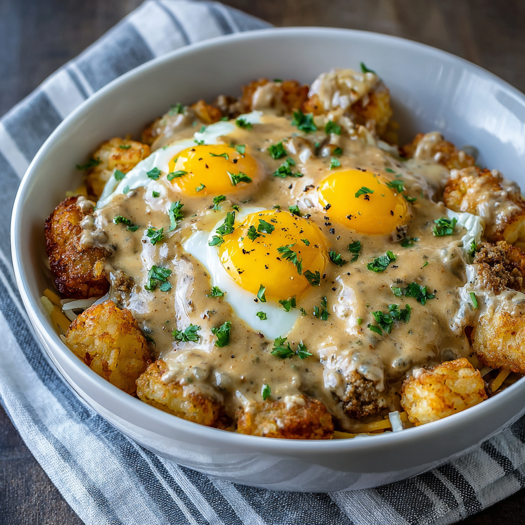 Tater Tot Breakfast Bowl with Sausage Gravy