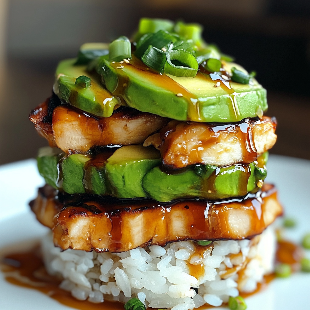 Teriyaki Chicken Avocado Rice Stack