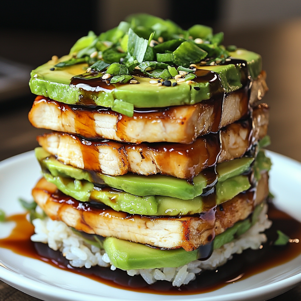 Teriyaki Chicken Avocado Rice Stack