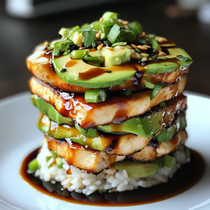 Teriyaki Chicken Avocado Rice Stack