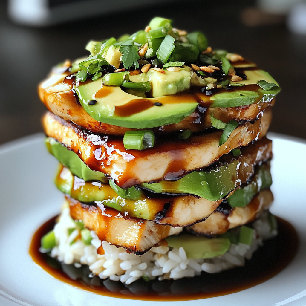 Teriyaki Chicken Avocado Rice Stack
