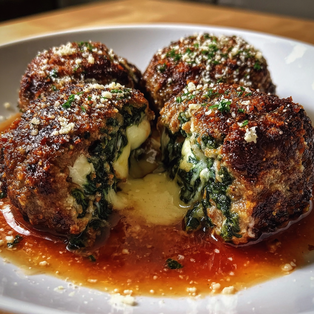 Spinach Garlic Meatballs Stuffed with Mozzarella