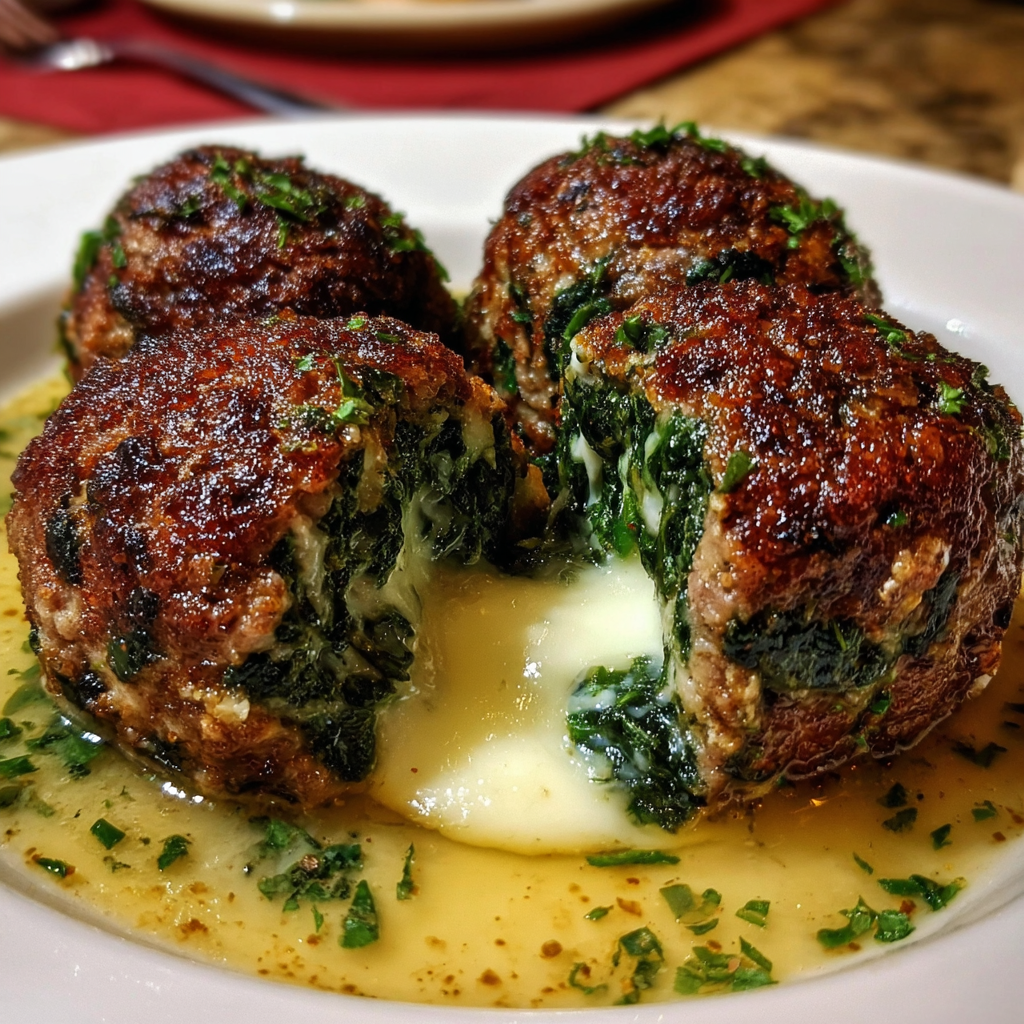 Spinach Garlic Meatballs Stuffed with Mozzarella
