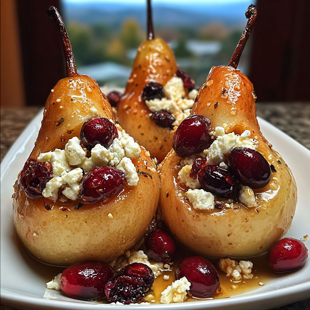 Baked Pears with Feta, Honey, and Cranberries