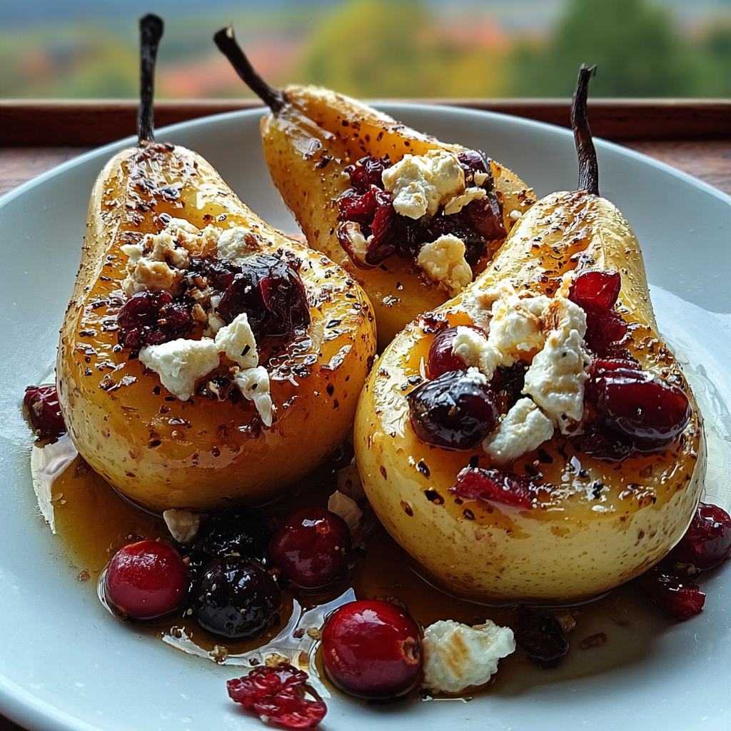 Baked Pears with Feta, Honey, and Cranberries